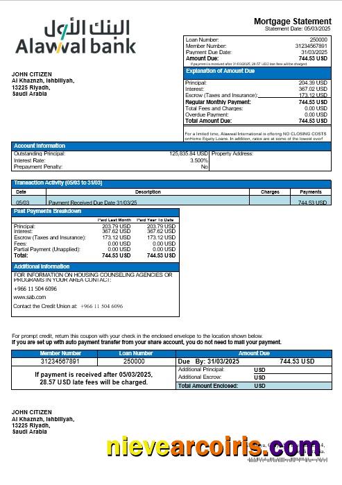 Saudi Arabia Alawwal bank mortgage statement